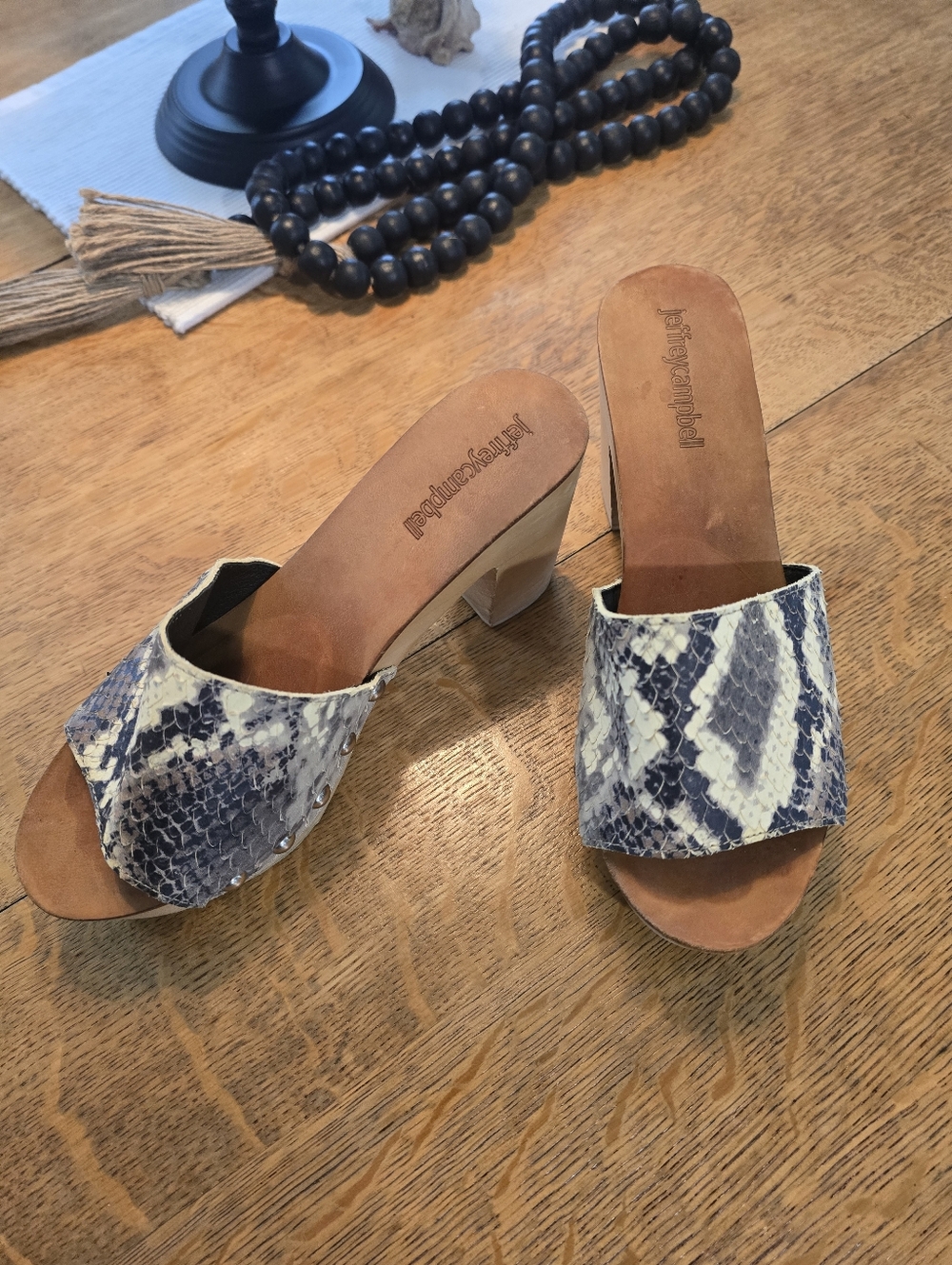 Jeffrey Campbell GREY and Cream Snake-Print Slide Mules